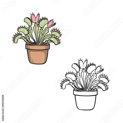 venus fly trap drawing with line art style. Simple design outline style. Easy to edit. Cartoon flower vector illustration