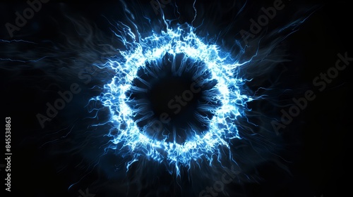 Stunning visual of a glowing energy ring with electric strands radiating from a central black void. This cosmic scene captures the dynamic power and beauty of an interstellar phenomenon.