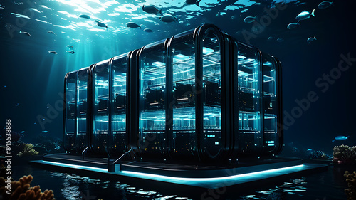 A futuristic data center situated on a floating platform in the middle of a calm ocean. The structure is sleek and aerodynamic, with multiple levels interconnected by transparent tubes. Underwater, bi