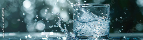 Close-up of water splashing in a glass with a bokeh background. Crystal clear water motion, refreshing and hydrating concept.