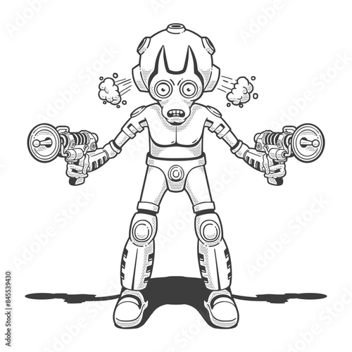 Cartoon Alien with two blasters in his hands. Vector illustration in retro style.