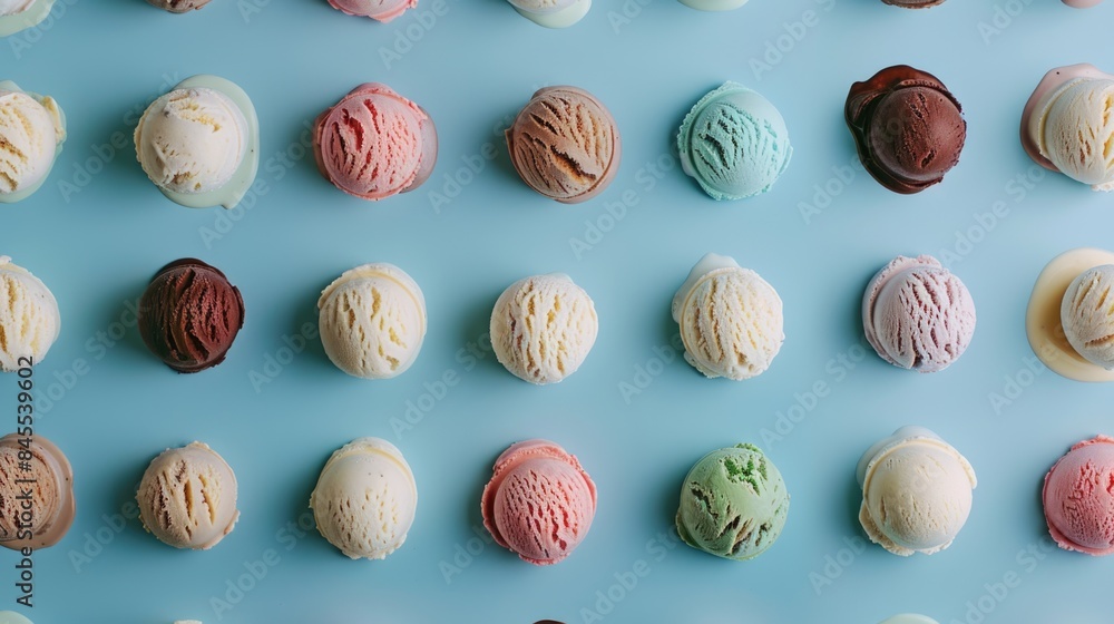 Scoops of various ice cream flavors arranged on blue background. National Ice Cream Day