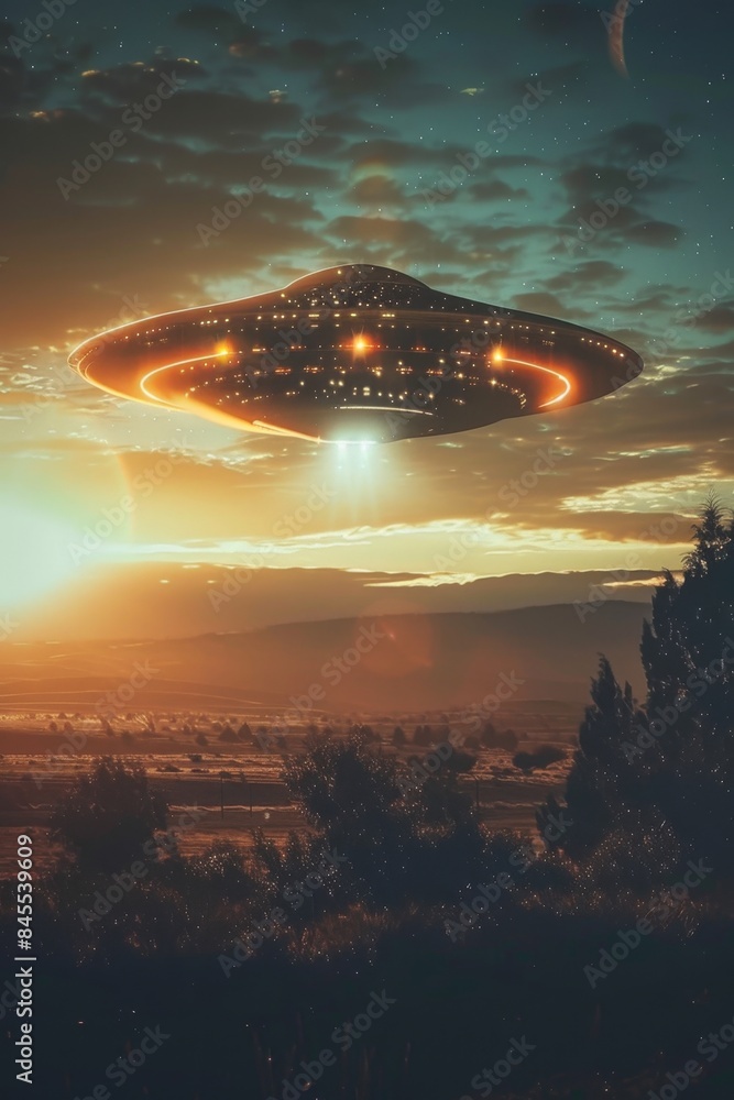 Majestic UFO Hovering at Sunset. World UFO Day Majestic UFO Hovering at Sunset. World UFO Day