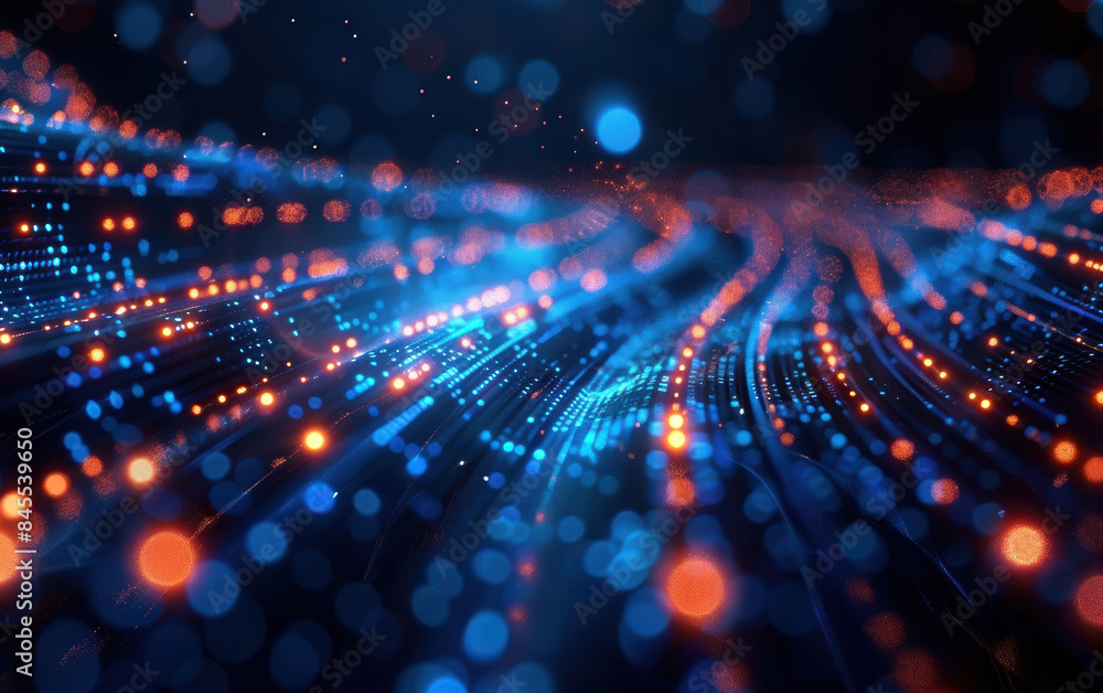 Abstract digital data flow with vibrant blue and orange dots ...