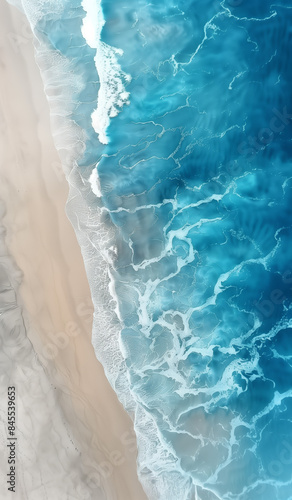 Aerial View of a Sandy Beach and Rolling Ocean Waves. The image was taken from a high vantage point, providing a unique perspective on the natural beauty of the ocean.