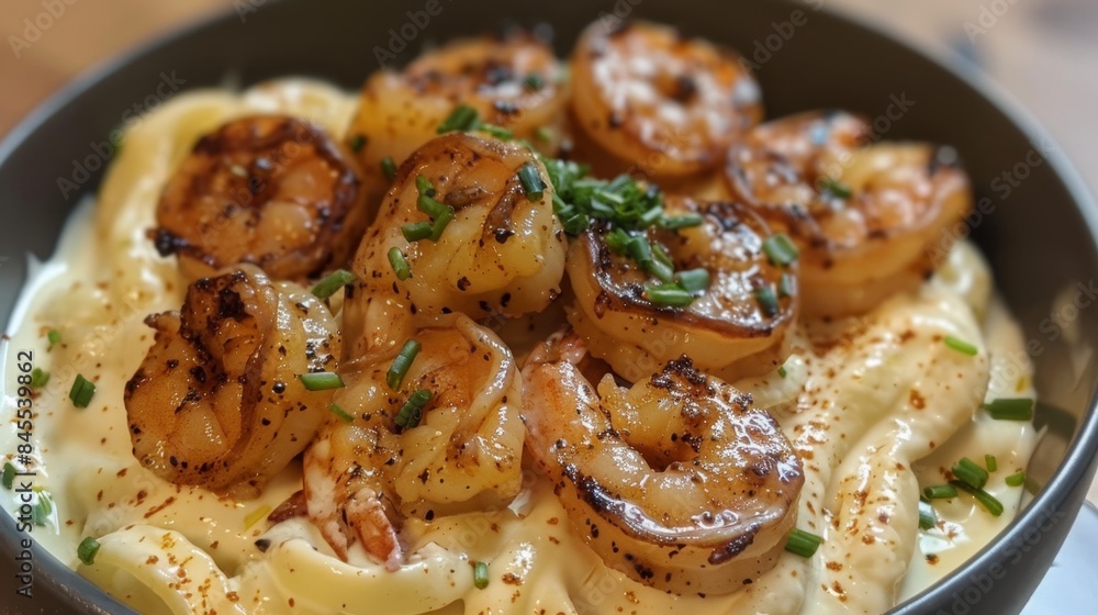 Shrimp Fettuccine Alfredo Pasta Close-Up. Creamy Louisiana Cajun Shrimp Alfredo Shrimp Fettuccine Alfredo Pasta Close-Up. Creamy Louisiana Cajun Shrimp Alfredo