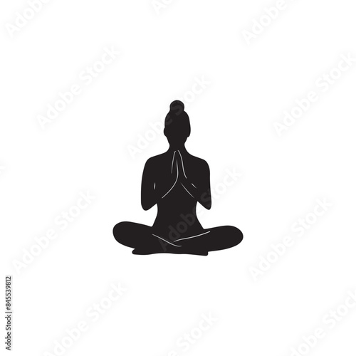 Beautiful woman sitting in asana yoga pose in black isolated on white background. Hand drawn vector silhouette illustration. Easy lotus pose, padmasana, healthy lifestyle, sport, meditation.