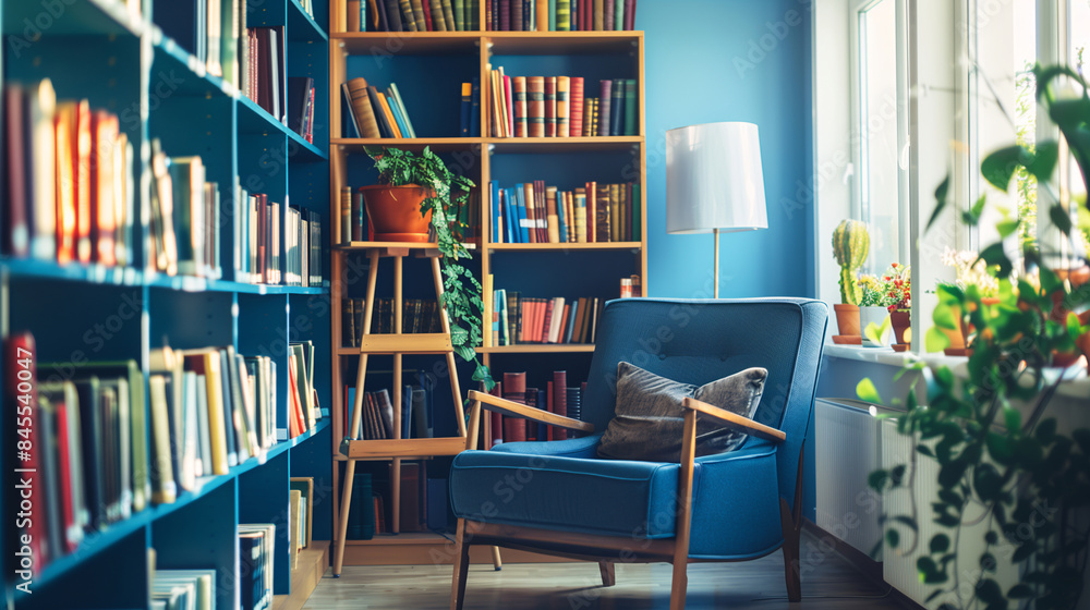 Close up view of blue bookshelf full of books and decorations in blue color tone, modern style, with an armchair and a floor lamp beside window.