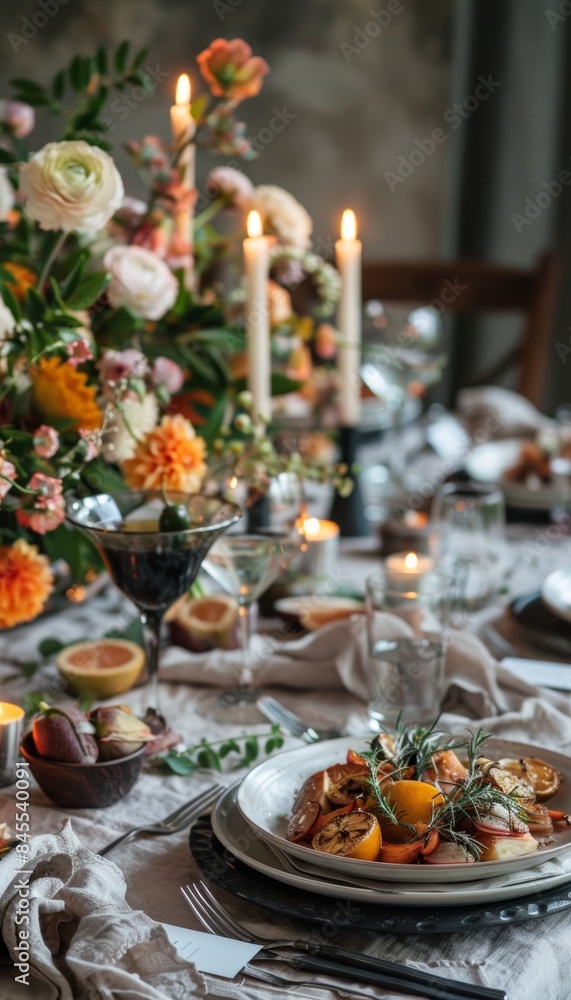 Naklejka premium Elegant Raw Food Dinner Setup with Candles and Flowers for a Special Occasion