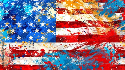 American Flag Abstract Artwork with Paint Splashes