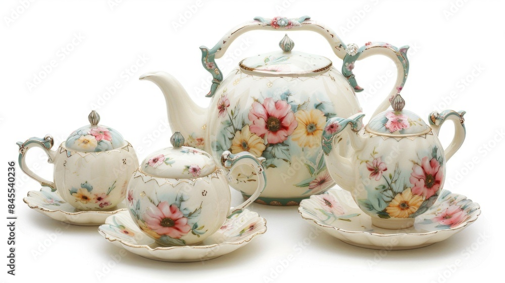 Elegant Floral Porcelain Tea Set Isolated on White Background Elegant Floral Porcelain Tea Set Isolated on White Background