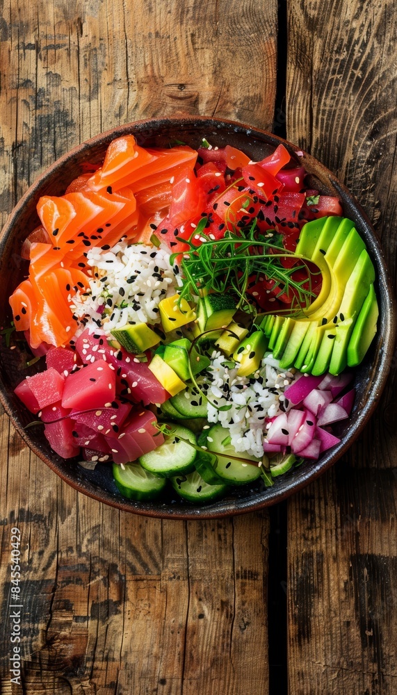 Vibrant Bowl of Gluten-Free Poke with Fresh Fish, Avocado, and Vegetables on Rustic Wooden Table Vibrant Bowl of Gluten-Free Poke with Fresh Fish, Avocado, and Vegetables on Rustic Wooden Table