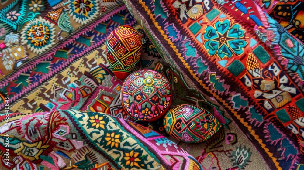 Colorful Hand-Painted Easter Eggs Display with Ethnic Patterns Colorful Hand-Painted Easter Eggs Display with Ethnic Patterns