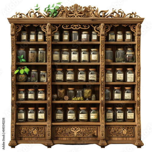 Ornate Wooden Apothecary Cabinet with Assorted Vintage Bottles and Jars