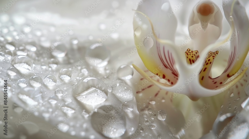 Water droplets collecting in the heart of a white orchid, enhancing its purity and elegance Water droplets collecting in the heart of a white orchid, enhancing its purity and elegance