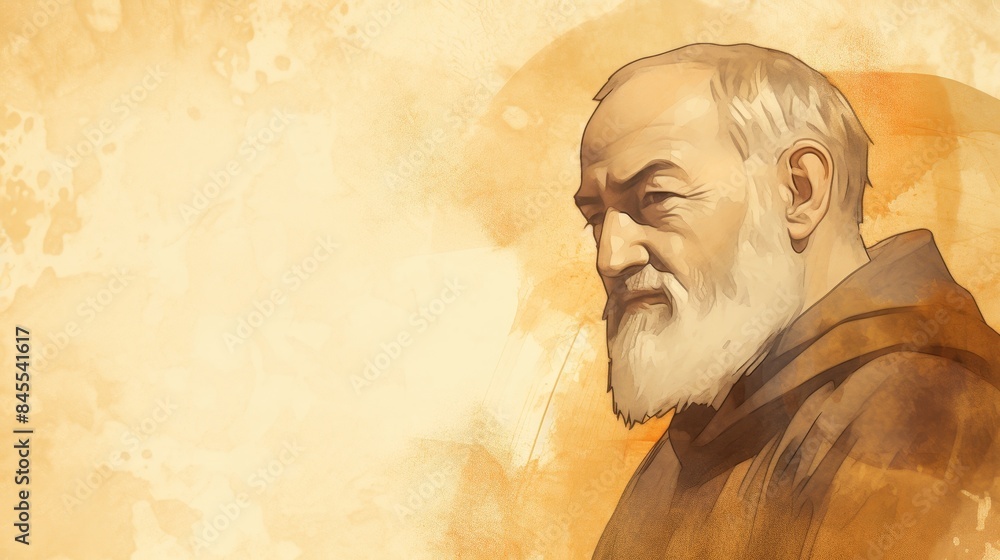 The painting of St. Padre Pio Showing Stigmata in San Giovanni Rotondo, Beige Background, Copyspace,Christian banner The painting of St. Padre Pio Showing Stigmata in San Giovanni Rotondo, Beige Background, Copyspace,Christian banner