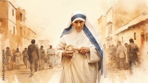 The painting of St. Teresa of Calcutta Serving Poor in Streets of Calcutta, Beige Background, Copyspace,Christian banner