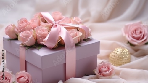 Elegant Pink Roses and Gift Box on Silk Background