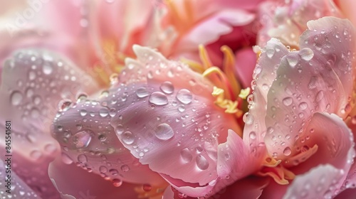 Water droplets gathering on the petals of a pink peony, enhancing its soft, romantic allure