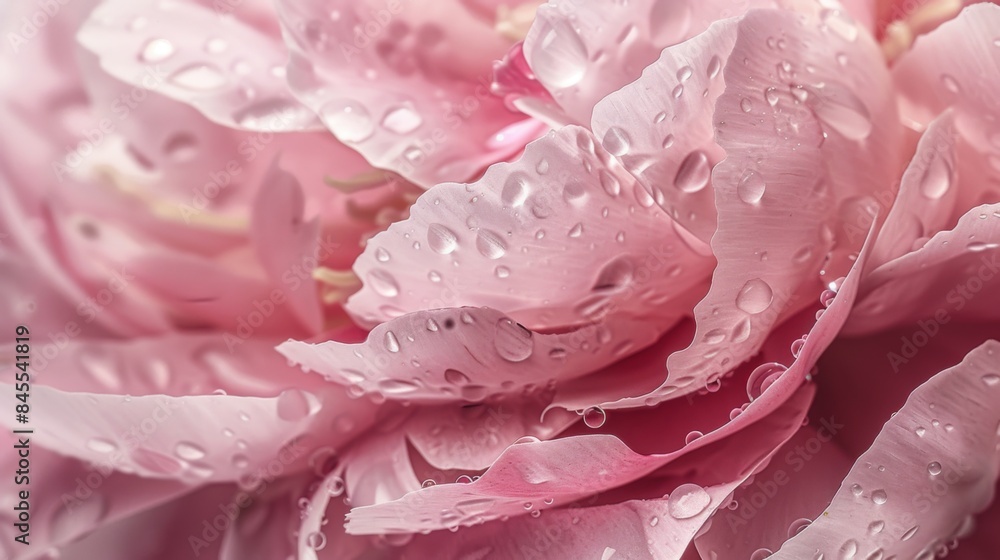 Water droplets gathering on the petals of a pink peony, enhancing its soft, romantic allure Water droplets gathering on the petals of a pink peony, enhancing its soft, romantic allure