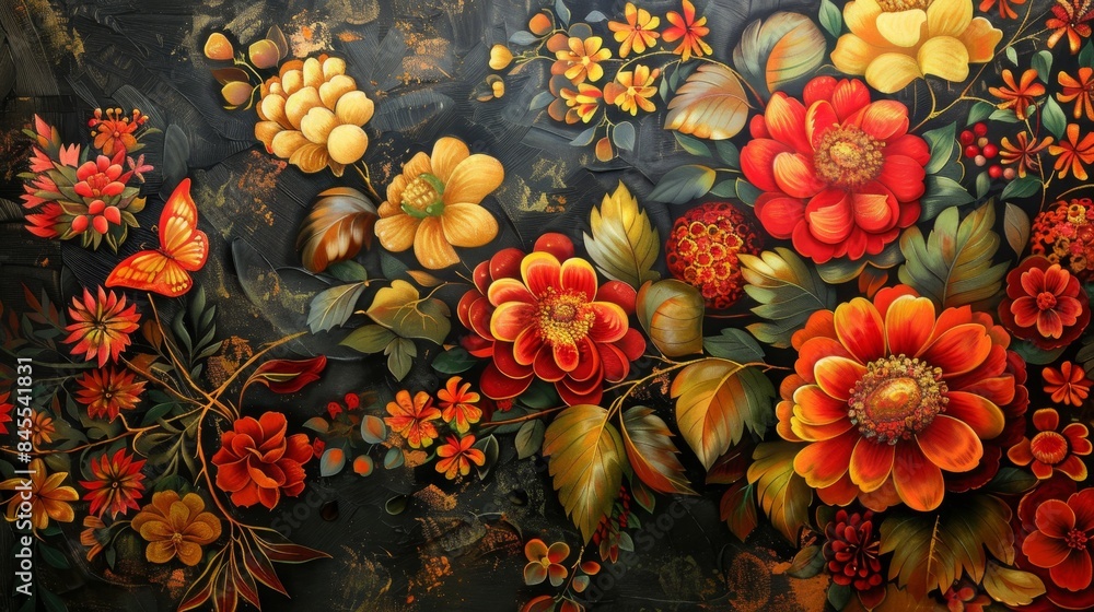 Vibrant Floral Bouquet with Lush Foliage on Dark Background Vibrant Floral Bouquet with Lush Foliage on Dark Background