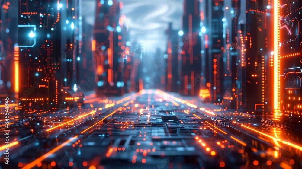 Illustrate a futuristic 3D composition with glowing elements Illustrate a futuristic 3D composition with glowing elements