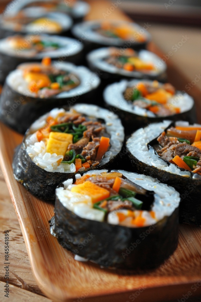 Fresh Vegetable Sushi Rolls on Bamboo Cutting Board