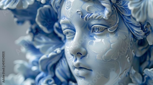 Classical Blue Porcelain Sculpture Detail of Woman's Face