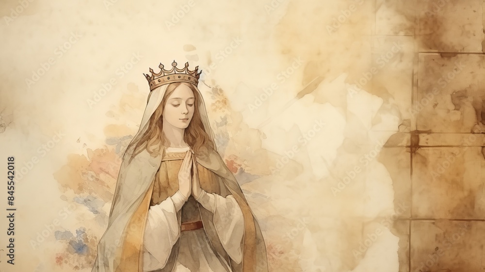 Naklejka premium The painting of St. Ursula in Prayer in 4th-Century German Village, Beige Background, Copyspace,Christian banner