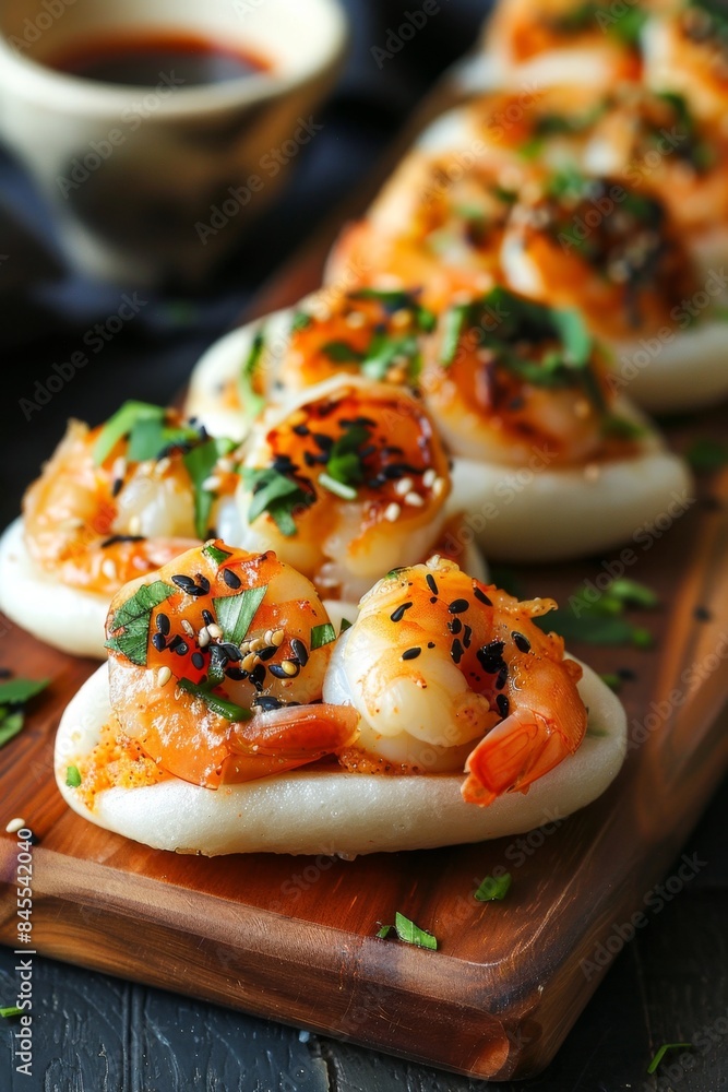 Gourmet Shrimp on Rice Discs with Seasoning. Mini Shrimp Bao Gourmet Shrimp on Rice Discs with Seasoning. Mini Shrimp Bao