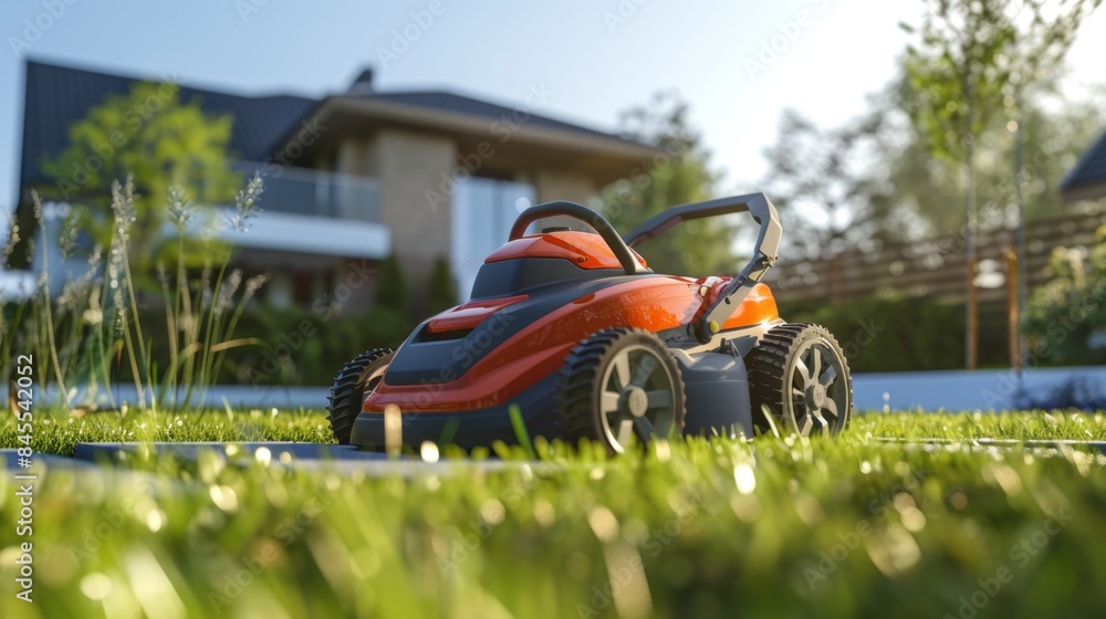 Modern Electric Lawn Mower in Lush Green Garden Modern Electric Lawn Mower in Lush Green Garden