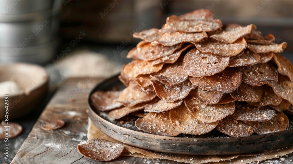 Rustic Homemade Almond Brittle on Wooden Board. Norwegian Sourdough Rye Chips Rustic Homemade Almond Brittle on Wooden Board. Norwegian Sourdough Rye Chips