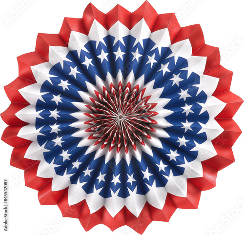 Red white and blue paper fan decoration for patriotic celebrations isolated on transparent background.