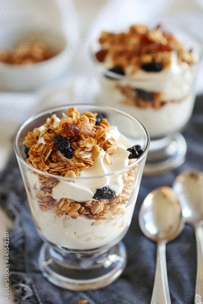Gourmet Yogurt Parfait with Granola and Raisins. Passion Fruit Granola Gourmet Yogurt Parfait with Granola and Raisins. Passion Fruit Granola