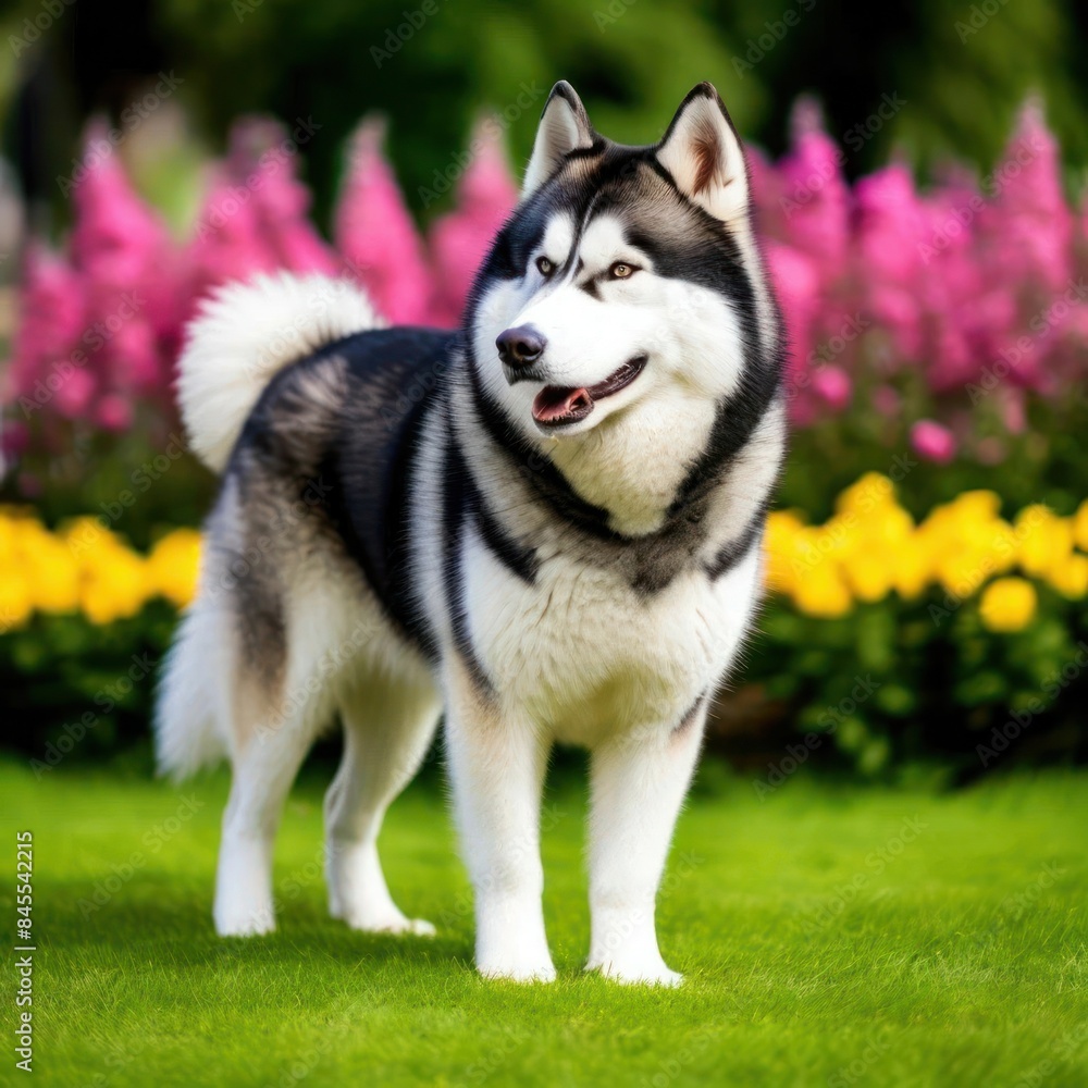 An Alaskan malamute Stands on a green lawn against a background of flower beds An Alaskan malamute Stands on a green lawn against a background of flower beds