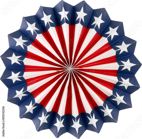 Red white and blue paper fan decoration for patriotic celebrations isolated on transparent background.