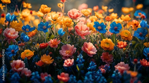 **Field of fresh spring flowers on a solid background