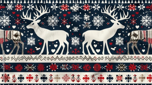 Festive Winter Sweater Pattern with Reindeer and Snowflakes photo