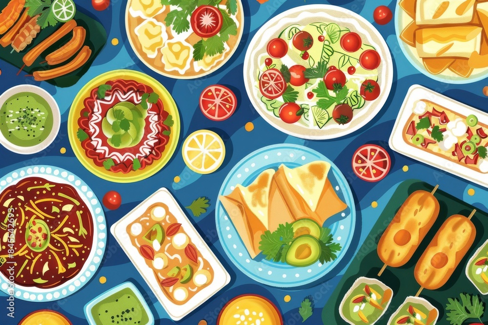 An overhead view of a vibrant and festive table adorned with traditional Mexican dishes like enchiladas, guacamole, and churros, all prepared for a joyous celebration of Cinco de Mayo. An overhead view of a vibrant and festive table adorned with traditional Mexican dishes like enchiladas, guacamole, and churros, all prepared for a joyous celebration of Cinco de Mayo.
