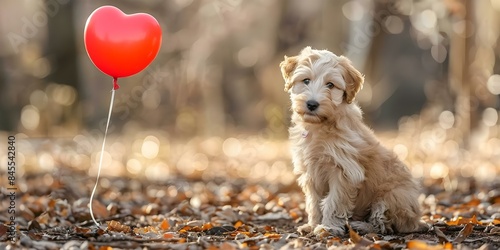 Labradoodle puppy holding a heart balloon embodies love and innocence, touching hearts. Concept Pets, Love, Innocence, Heart Balloon, Labradoodle photo