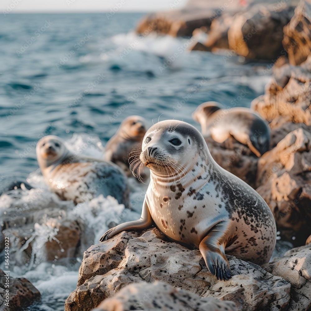 Fototapeta premium Serene Seals Resting on Rocky Coastal Shores Unbothered by Nearby Waves and Ocean