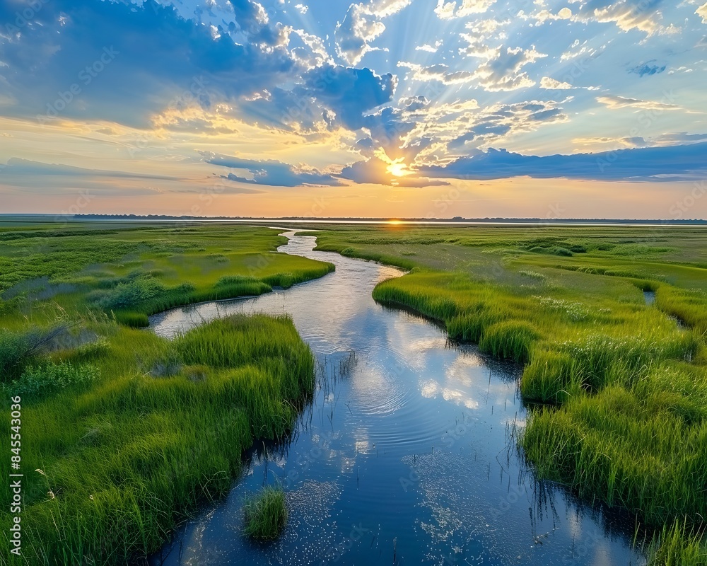 Fototapeta premium Serene Saltwater Marsh at Sunset with Flowing Creek and Reflective Waters