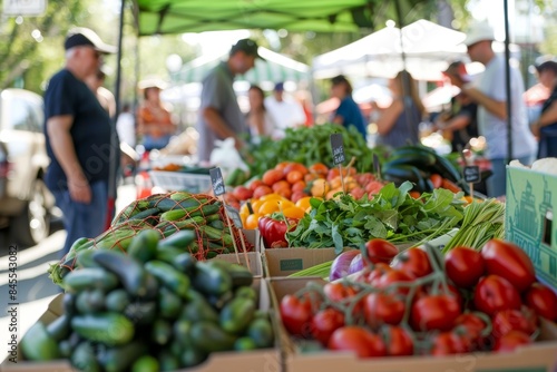 Vibrant Farmers Market with Fresh Produce and Shoppers on a Sunny Day
