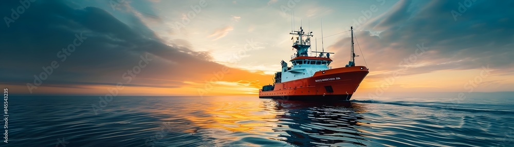 Fototapeta premium Marine Research Vessel at Sunset Sailing on Tranquil Ocean Waters