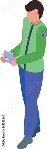Delivery man in uniform is holding pos terminal making mobile payment accepting credit card