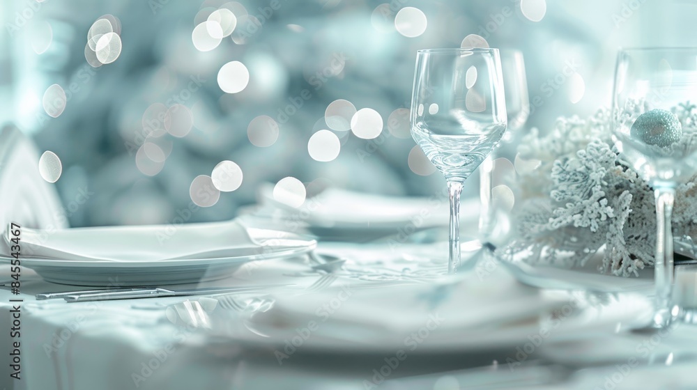 A table with a white tablecloth and a Christmas tree in the background. There are four wine glasses and four plates on the table A table with a white tablecloth and a Christmas tree in the background. There are four wine glasses and four plates on the table
