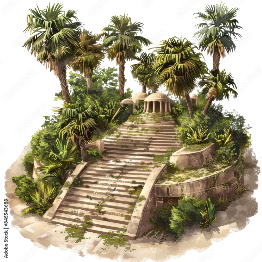 Ancient Stone Staircase Surrounded by Lush Tropical Vegetation Ancient Stone Staircase Surrounded by Lush Tropical Vegetation