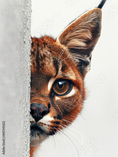Captivating Close Up of a Curious Caracal Cat Peeking Around a Corner with Intense Gaze and Majestic Ears on Display Perfect Moment of Wild Feline Curiosity and Grace Captured in Stunning Detail photo