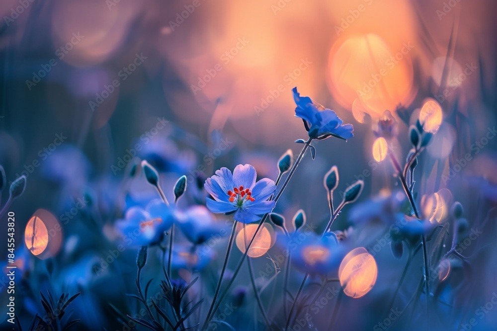A close-up view of colorful wildflowers illuminated by the enchanting light of the midnight sun in Norway, creating a magical and ethereal scene. A close-up view of colorful wildflowers illuminated by the enchanting light of the midnight sun in Norway, creating a magical and ethereal scene.
