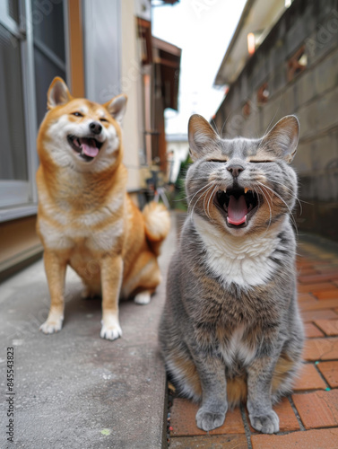 グレーの猫と日本犬が口をあけて笑ってる　A gray cat and a Japanese dog are smiling with their mouths open.Generative AI © joumonshiba gen
